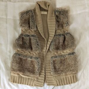 Women's Tan Shawl Collared Knit Sweater Vest With Faux Fur